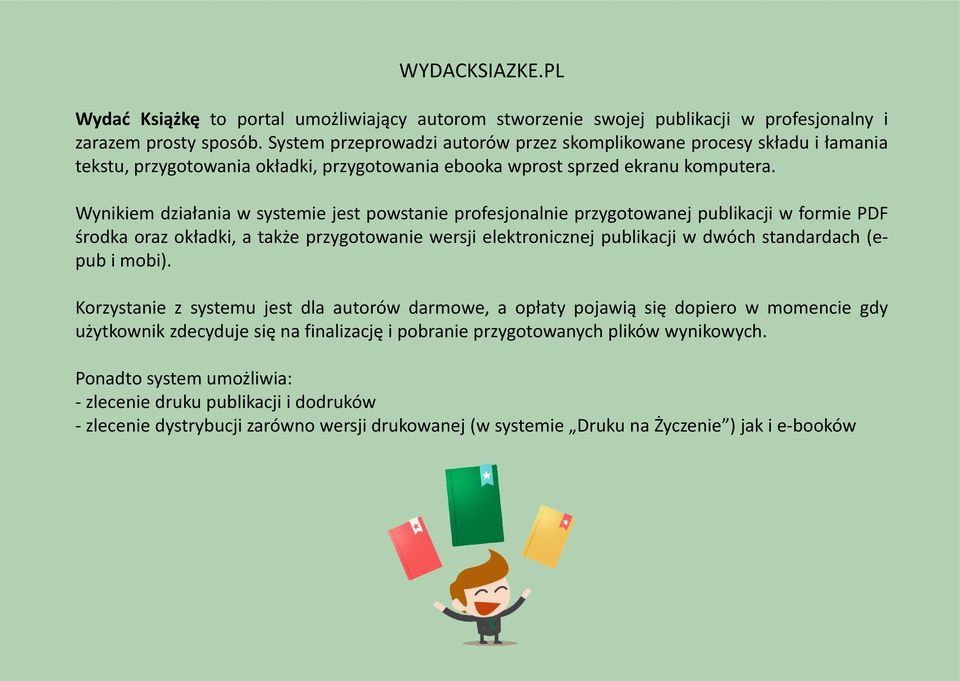 Wynikiem działania w systemie jest powstanie profesjonalnie przygotowanej publikacji w formie PDF środka oraz okładki, a także przygotowanie wersji elektronicznej publikacji w dwóch standardach (epub