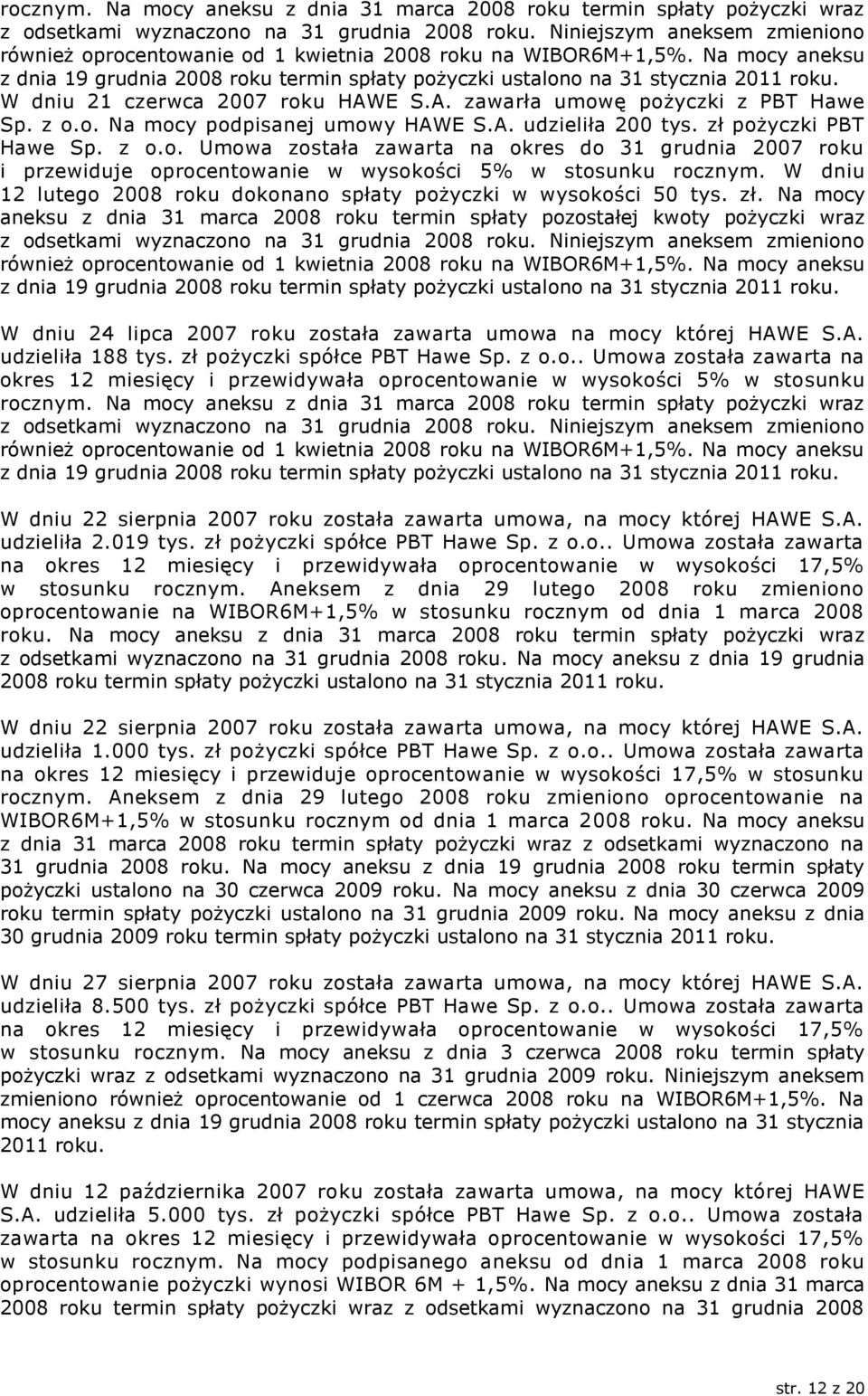 W dniu 21 czerwca 2007 roku HAWE S.A. zawarła umowę pożyczki z PBT Hawe Sp. z o.o. Na mocy podpisanej umowy HAWE S.A. udzieliła 200 tys. zł pożyczki PBT Hawe Sp. z o.o. Umowa została zawarta na okres do 31 grudnia 2007 roku i przewiduje oprocentowanie w wysokości 5% w stosunku rocznym.