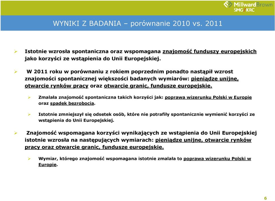 europejskie. Zmalała znajomość spontaniczna takich korzyści jak: poprawa wizerunku Polski w Europie oraz spadek bezrobocia.