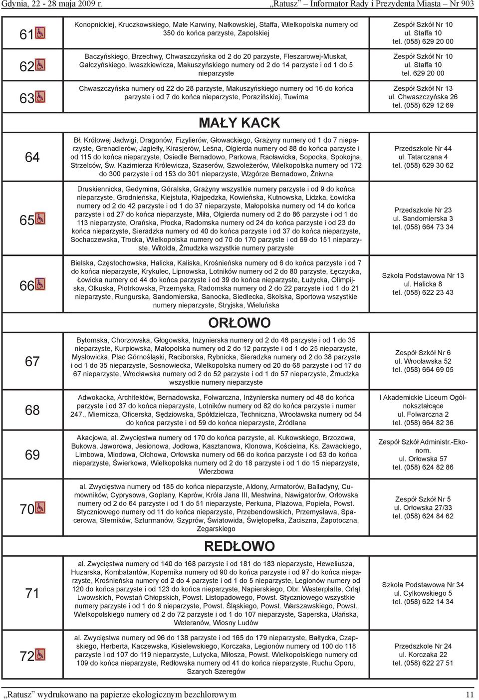 Zapolskiej Baczyńskiego, Brzechwy, Chwaszczyńska od 2 do 20 parzyste, Fleszarowej-Muskat, Gałczyńskiego, Iwaszkiewicza, Makuszyńskiego numery od 2 do 14 parzyste i od 1 do 5 nieparzyste Chwaszczyńska