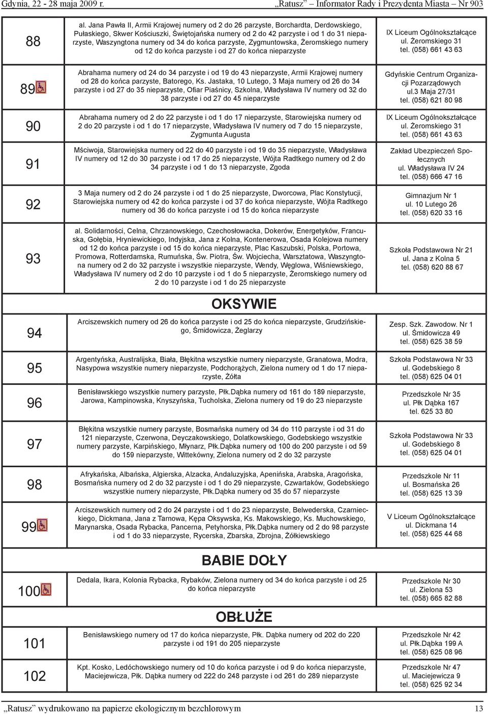 od 34 do końca parzyste, Zygmuntowska, Żeromskiego numery od 12 do końca parzyste i od 27 do końca nieparzyste Abrahama numery od 24 do 34 parzyste i od 19 do 43 nieparzyste, Armii Krajowej numery od