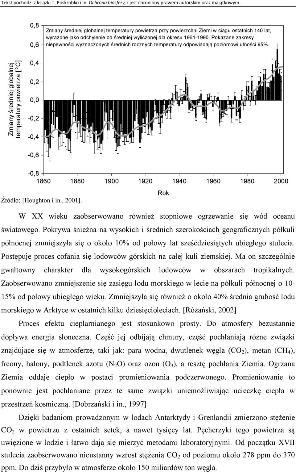 Zmiany średniej globalnej o temperatury powietrza [ C] 0,4 0,2 0,0-0,2-0,4-0,6-0,8 1860 1880 1900 1920 1940 1960 1980 2000 Źródło: [Houghton i in., 2001].