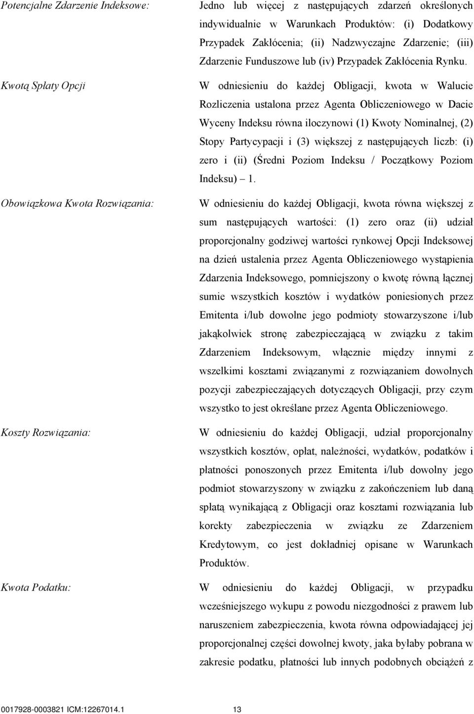 W odniesieniu do każdej Obligacji, kwota w Walucie Rozliczenia ustalona przez Agenta Obliczeniowego w Dacie Wyceny Indeksu równa iloczynowi (1) Kwoty Nominalnej, (2) Stopy Partycypacji i (3) większej