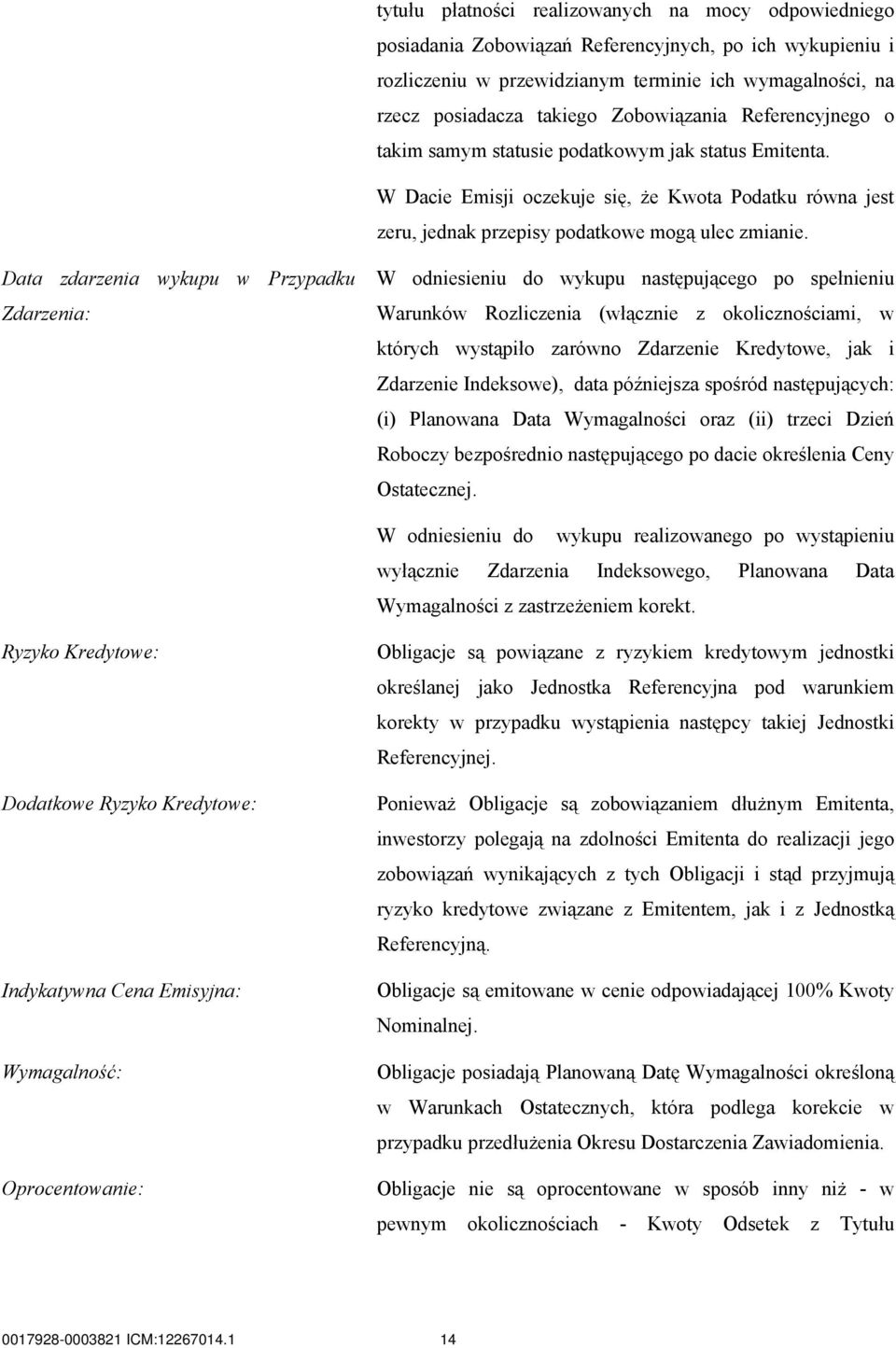 Data zdarzenia wykupu w Przypadku Zdarzenia: W odniesieniu do wykupu następującego po spełnieniu Warunków Rozliczenia (włącznie z okolicznościami, w których wystąpiło zarówno Zdarzenie Kredytowe, jak
