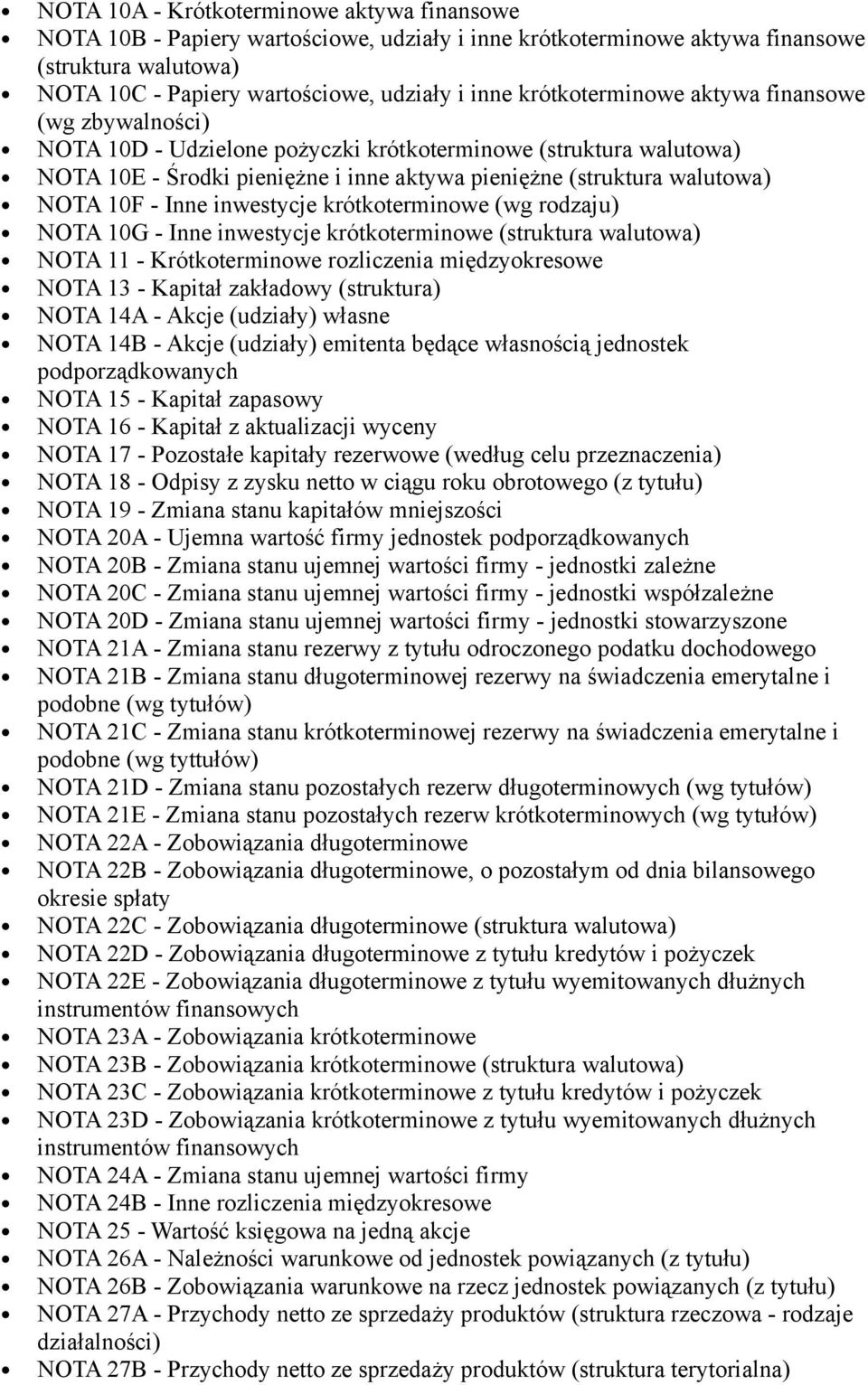 inwestycje krótkoterminowe (wg rodzaju) NOTA 10G Inne inwestycje krótkoterminowe (struktura walutowa) NOTA 11 Krótkoterminowe rozliczenia międzyokresowe NOTA 13 Kapitał zakładowy (struktura) NOTA 14A