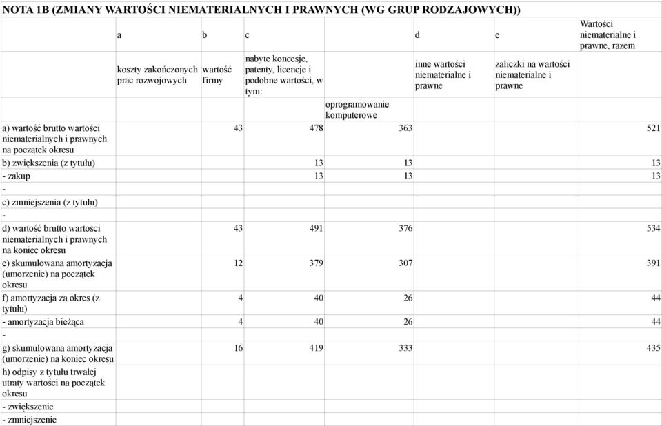 oprogramowanie komputerowe 43 478 363 521 b) zwiększenia (z tytułu) 13 13 13 zakup 13 13 13 c) zmniejszenia (z tytułu) d) wartość brutto wartości 43 491 376 534 niematerialnych i prawnych na koniec