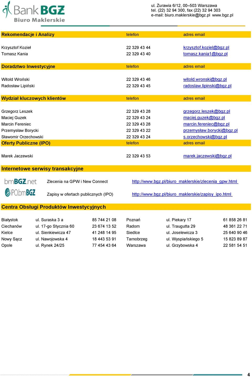 lipinski@bgz.pl Wydział kluczowych klientów telefon adres email Grzegorz Leszek 22 329 43 28 grzegorz.leszek@bgz.pl Maciej Guzek 22 329 43 24 maciej.guzek@bgz.pl Marcin Fereniec 22 329 43 28 marcin.