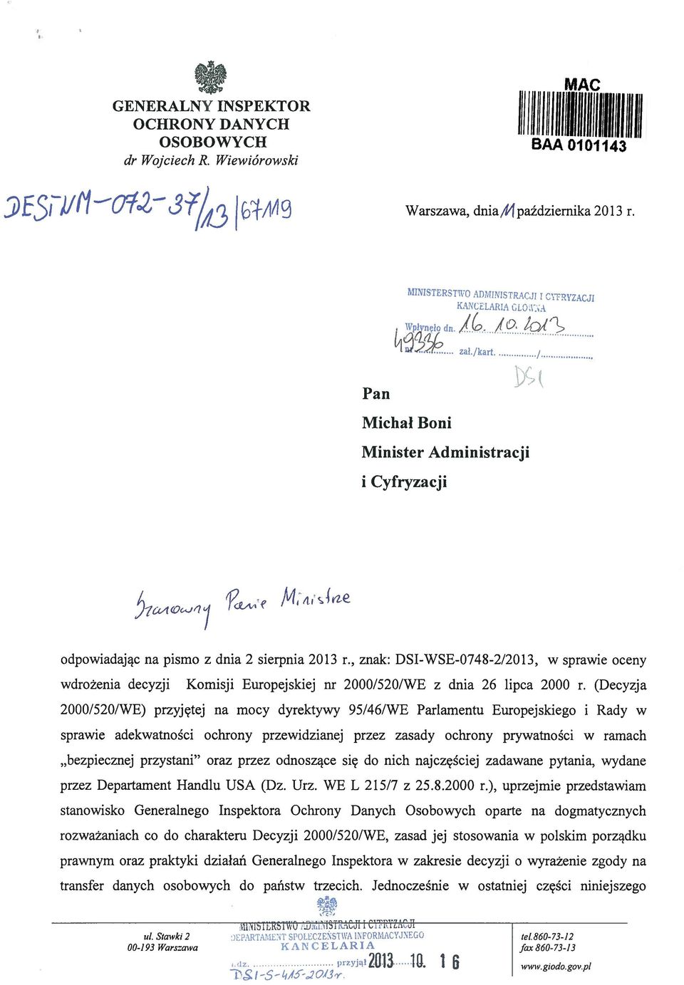 , znak: DSI-WSE-0748-2/2013, w sprawie oceny wdrożenia decyzji Komisji Europejskiej nr 2000/520/WE z dnia 26 lipca 2000 r.