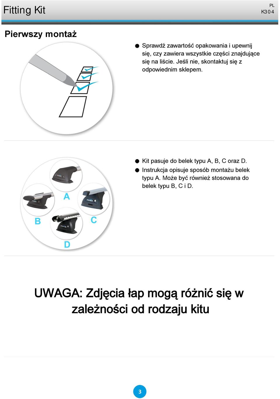 Kit pasuje do belek typu A, B, C oraz D. Instrukcja opisuje sposób montażu belek typu A.