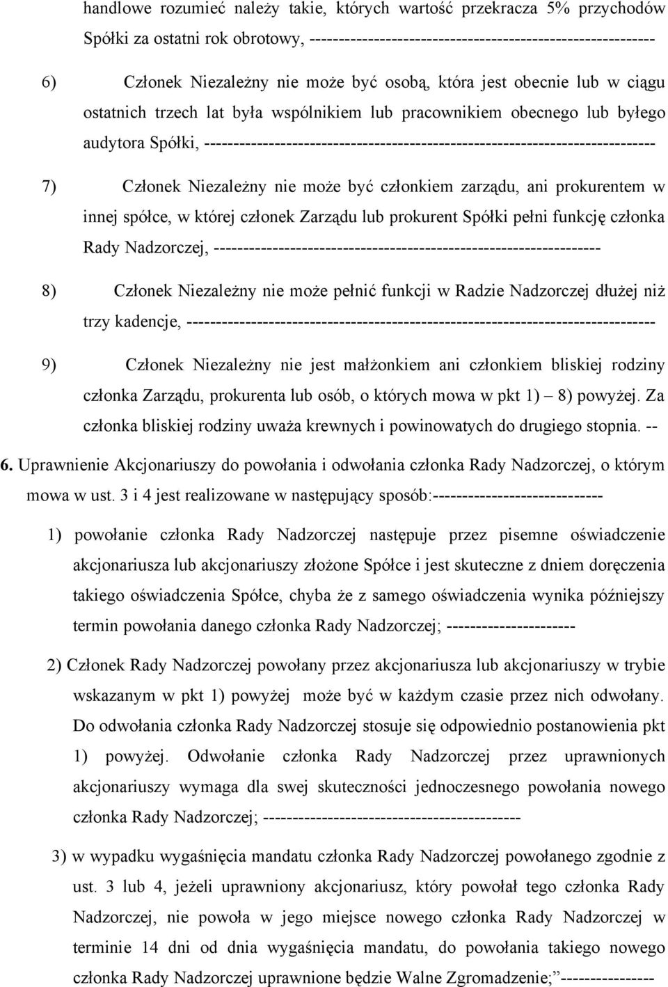 ----------------------------------------------------------------------------- 7) Członek Niezależny nie może być członkiem zarządu, ani prokurentem w innej spółce, w której członek Zarządu lub