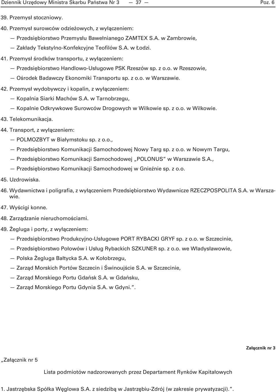 z o.o. w Warszawie. 42. Przemysł wydobywczy i kopalin, z wyłączeniem: Kopalnia Siarki Machów S.A. w Tarnobrzegu, Kopalnie Odkrywkowe Surowców Drogowych w Wilkowie sp. z o.o. w Wilkowie. 43.