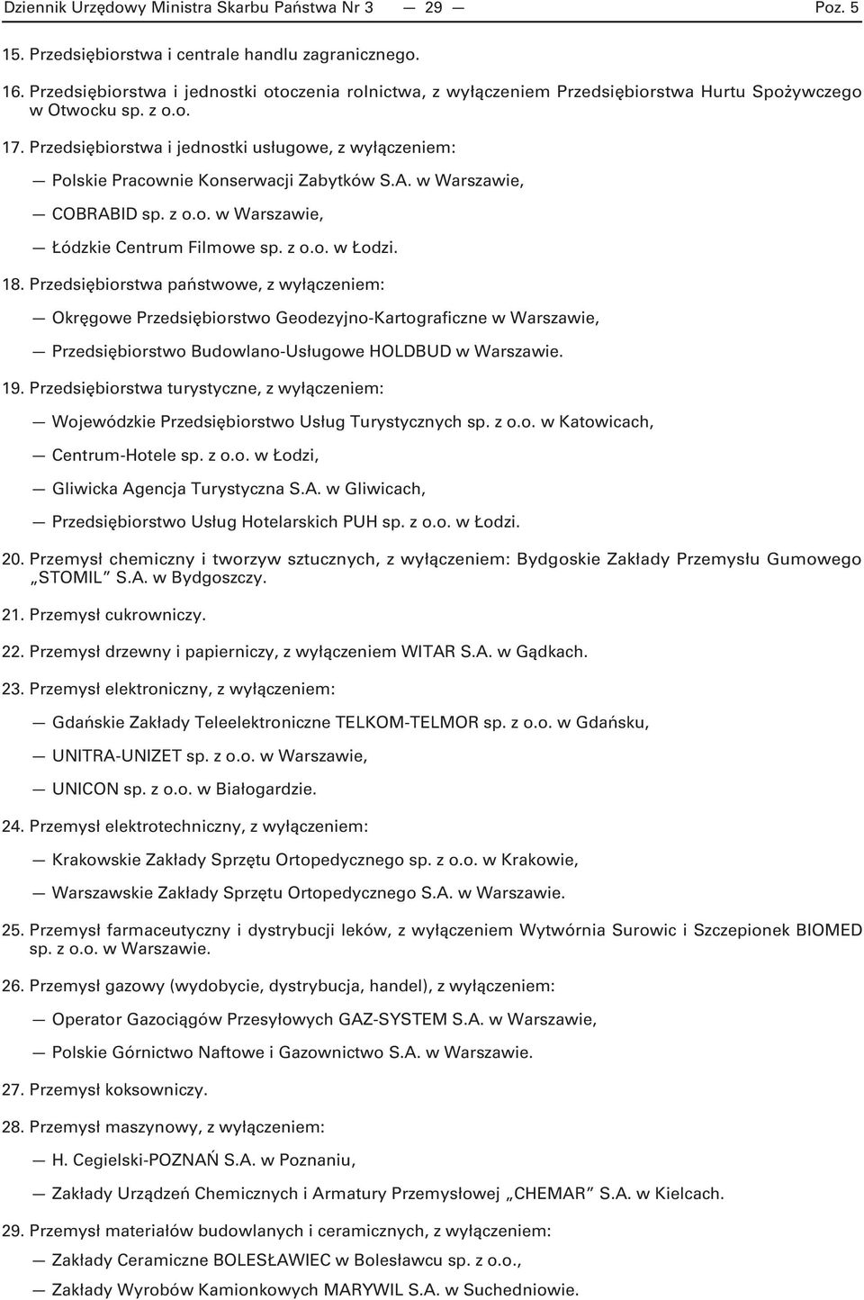 Przedsiębiorstwa i jednostki usługowe, z wyłączeniem: Polskie Pracownie Konserwacji Zabytków S.A. w Warszawie, COBRABID sp. z o.o. w Warszawie, Łódzkie Centrum Filmowe sp. z o.o. w Łodzi. 18.