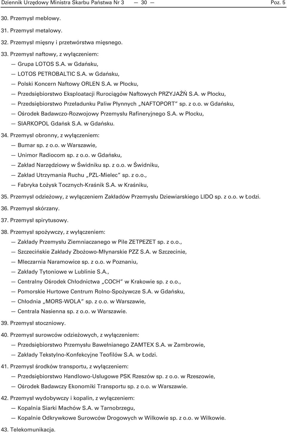 z o.o. w Gdańsku, Ośrodek Badawczo-Rozwojowy Przemysłu Rafineryjnego S.A. w Płocku, SIARKOPOL Gdańsk S.A. w Gdańsku. 34. Przemysł obronny, z wyłączeniem: Bumar sp. z o.o. w Warszawie, Unimor Radiocom sp.