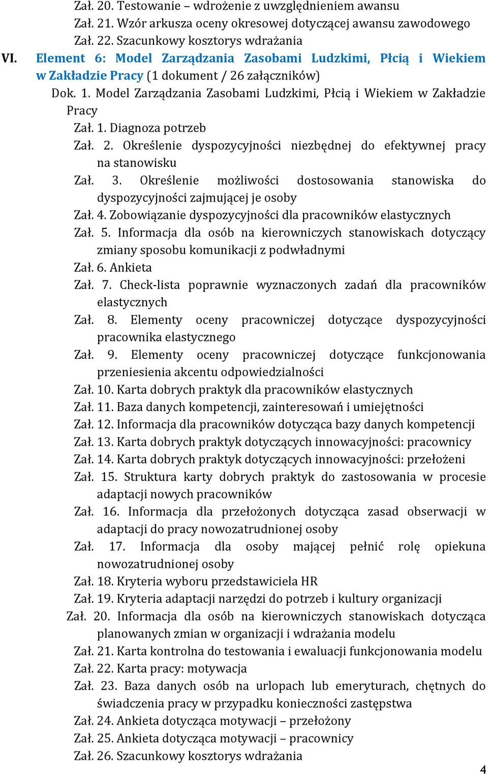 Model Zarządzania Zasobami Ludzkimi, Płcią i Wiekiem w Zakładzie Pracy Zał. 1. Diagnoza potrzeb Zał. 2. Określenie dyspozycyjności niezbędnej do efektywnej pracy na stanowisku Zał. 3.