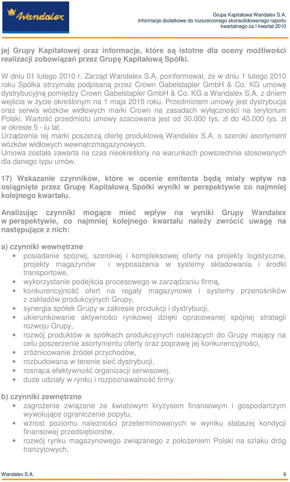 z dniem wejścia w Ŝycie określonym na 1 maja 2010 roku. Przedmiotem umowy jest dystrybucja oraz serwis wózków widłowych marki Crown na zasadach wyłączności na terytorium Polski.