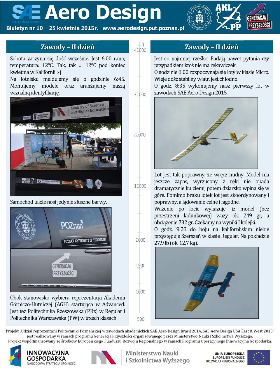 O godzinie 8:00 rozpoczynają się loty w klasie Micro. Wieje dość stabilny wiatr, jest chłodno. O godz. 8:35 wykonujemy nasz pierwszy lot w zawodach SAE Aero Design 2015.