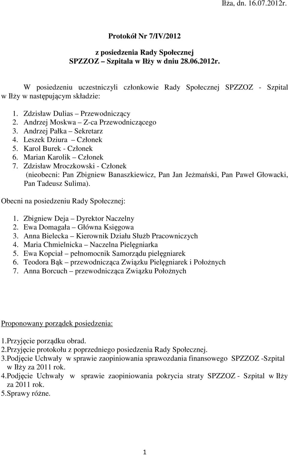 Zdzisław Mroczkowski - Członek (nieobecni: Pan Zbigniew Banaszkiewicz, Pan Jan Jeżmański, Pan Paweł Głowacki, Pan Tadeusz Sulima). Obecni na posiedzeniu Rady Społecznej: 1.