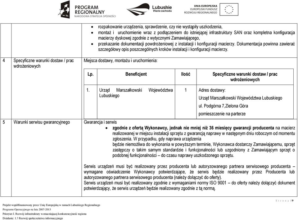 Dokumentacja powinna zawierać szczegółowy opis poszczególnych kroków instalacji i konfiguracji macierzy. 4 Specyficzne warunki dostaw / prac wdrożeniowych Miejsca dostawy, montażu i uruchomienia: Lp.