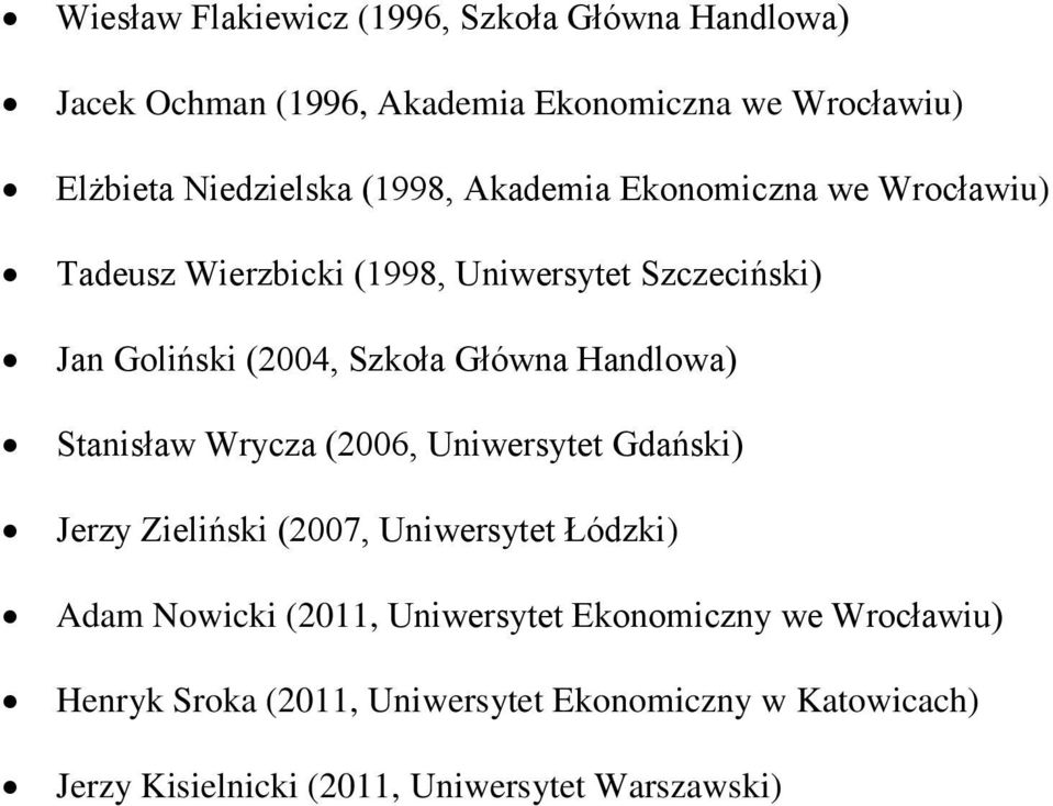 Handlowa) Stanisław Wrycza (2006, Uniwersytet Gdański) Jerzy Zieliński (2007, Uniwersytet Łódzki) Adam Nowicki (2011, Uniwersytet