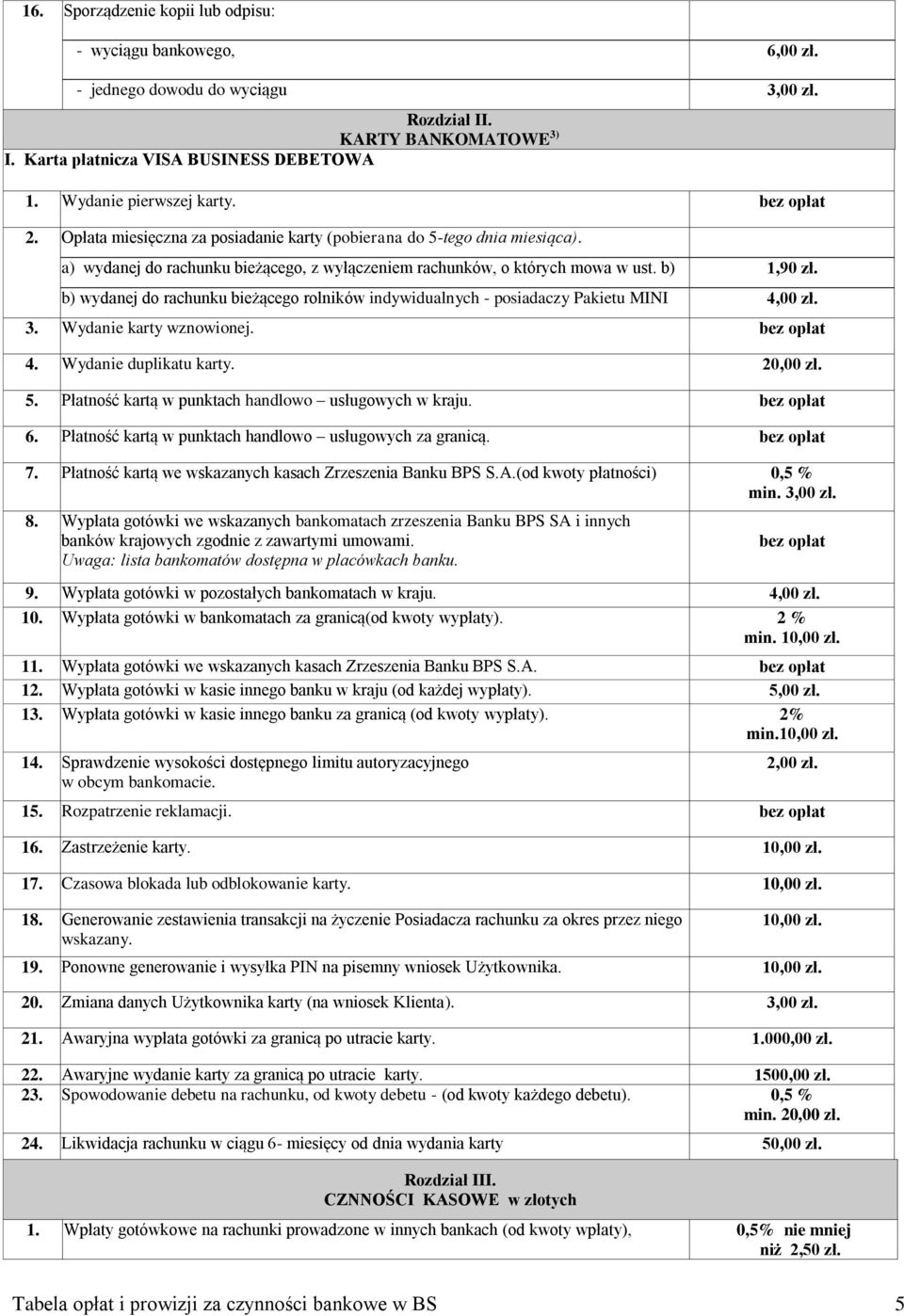 b) 1,90 zł. b) wydanej do rachunku bieżącego rolników indywidualnych - posiadaczy Pakietu MINI 4,00 zł. 3. Wydanie karty wznowionej. bez opłat 4. Wydanie duplikatu karty. 20,00 zł. 5.