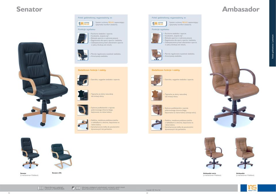Amortyzacja siedziska. Fotel gabinetowy wyposażony w: Funkcje systemu: System ruchowy RELAX zapewniający optymalny komfort siedzenia. Ruchome siedzisko i oparcie. Swobodne bujanie się.