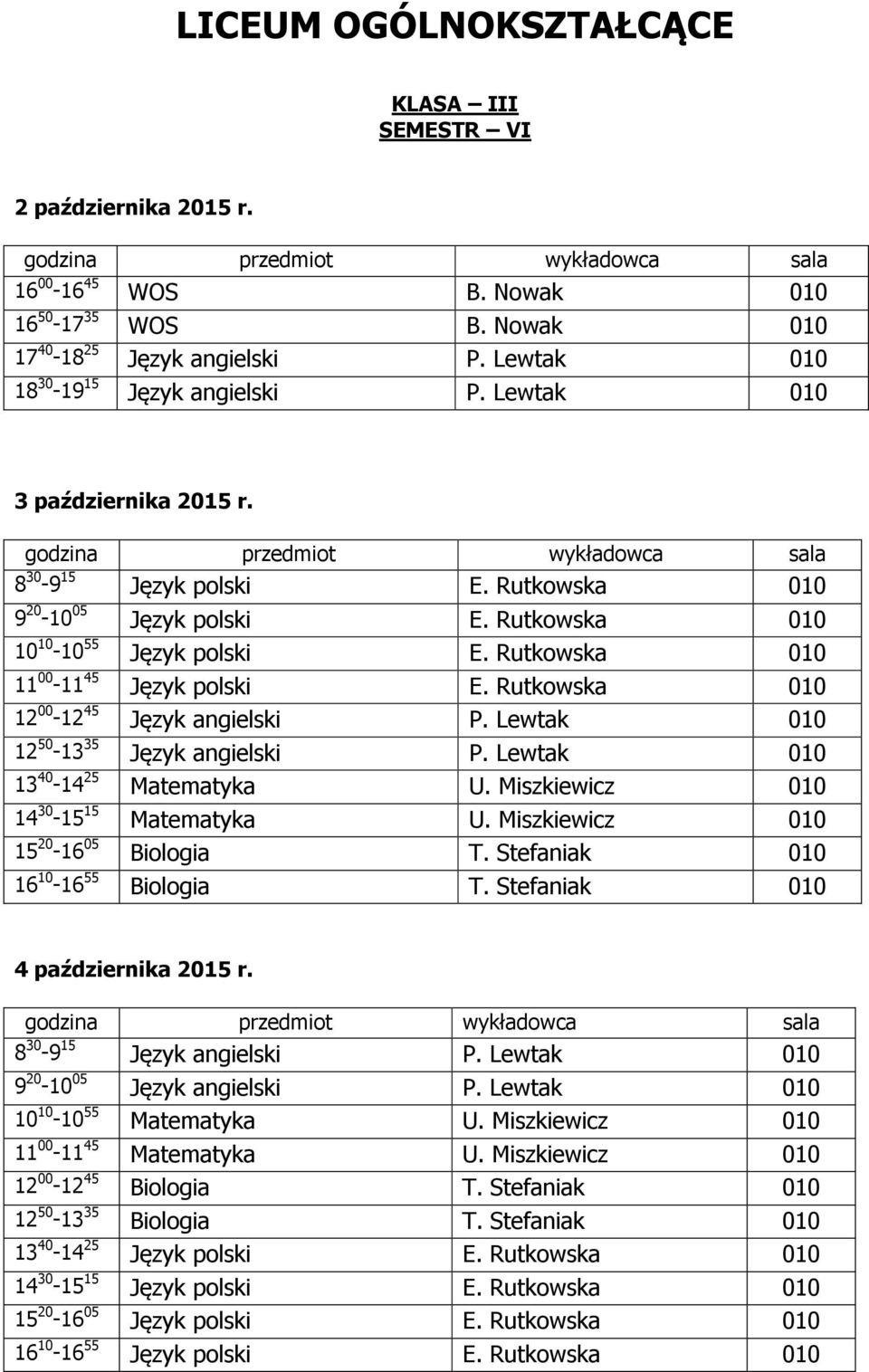 Lewtak 010 12 50-13 35 Język angielski P. Lewtak 010 13 40-14 25 Matematyka U. Miszkiewicz 010 14 30-15 15 Matematyka U. Miszkiewicz 010 15 20-16 05 Biologia T. Stefaniak 010 16 10-16 55 Biologia T.