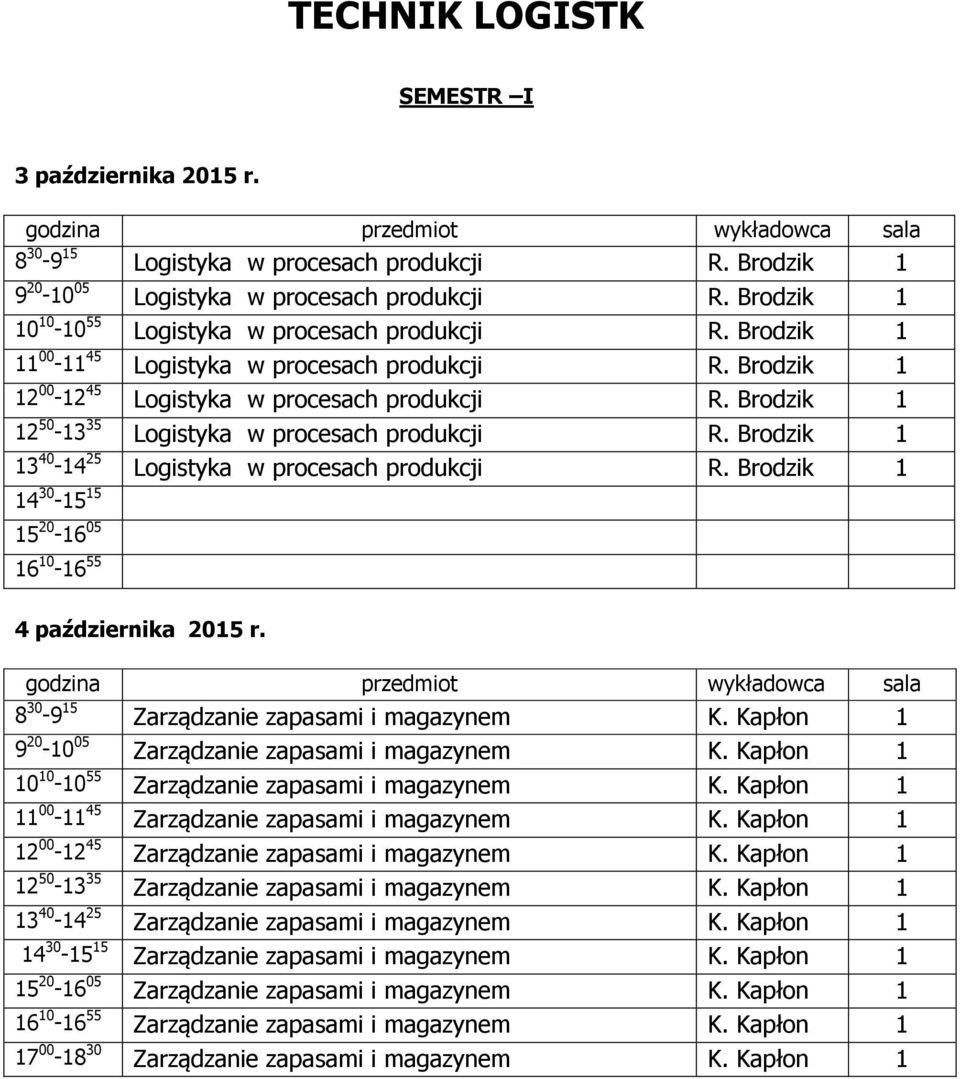 Brodzik 1 13 40-14 25 Logistyka w procesach produkcji R. Brodzik 1 14 30-15 15 15 20-16 05 16 10-16 55 8 30-9 15 Zarządzanie zapasami i magazynem K.