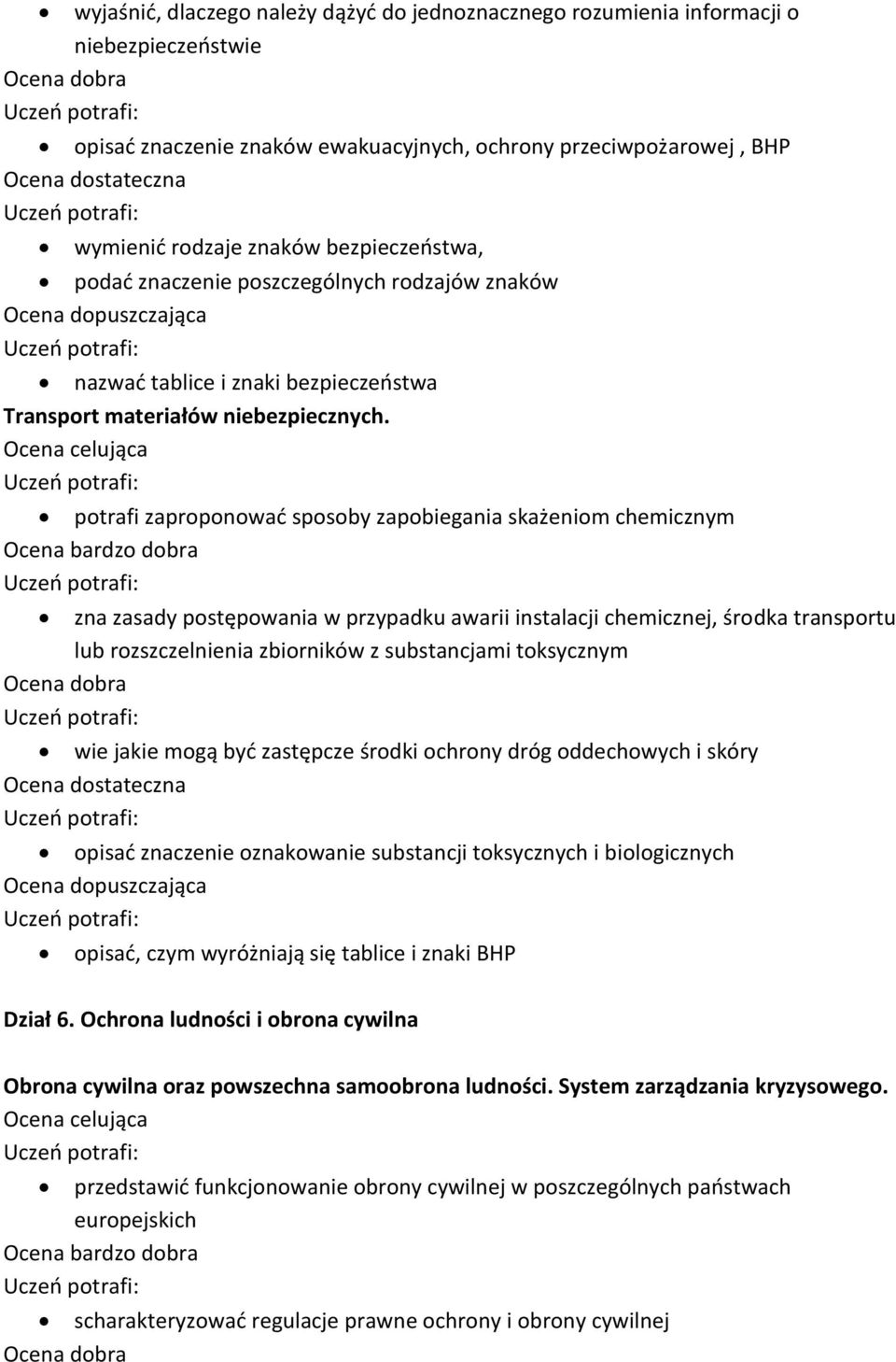 potrafi zaproponować sposoby zapobiegania skażeniom chemicznym zna zasady postępowania w przypadku awarii instalacji chemicznej, środka transportu lub rozszczelnienia zbiorników z substancjami