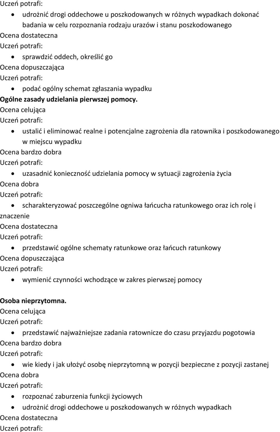 ustalić i eliminować realne i potencjalne zagrożenia dla ratownika i poszkodowanego w miejscu wypadku uzasadnić konieczność udzielania pomocy w sytuacji zagrożenia życia scharakteryzować poszczególne