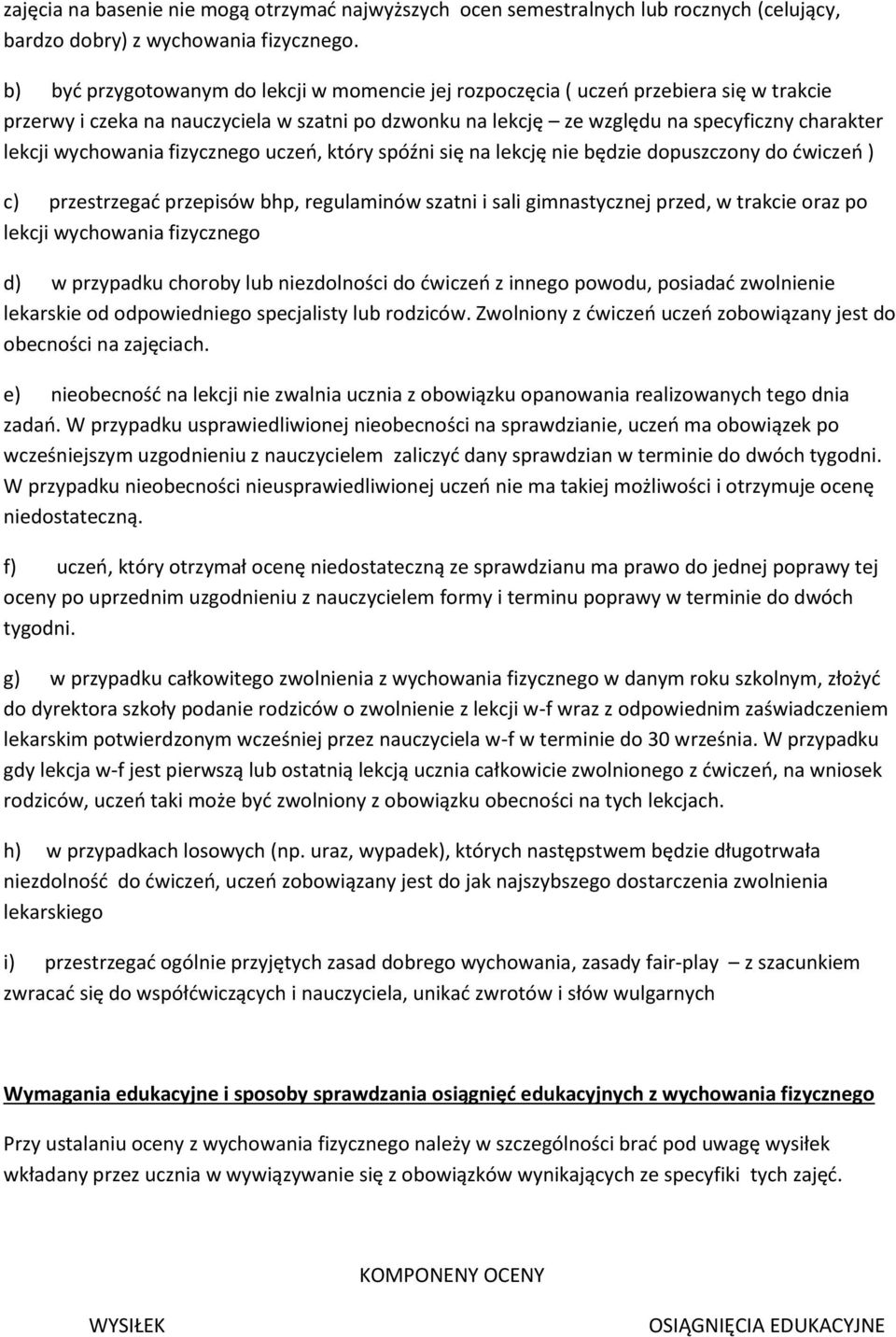 wychowania fizycznego uczeń, który spóźni się na lekcję nie będzie dopuszczony do ćwiczeń ) c) przestrzegać przepisów bhp, regulaminów szatni i sali gimnastycznej przed, w trakcie oraz po lekcji