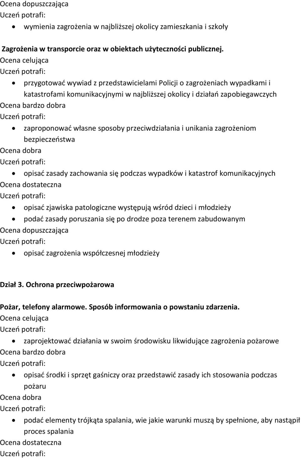 unikania zagrożeniom bezpieczeństwa opisać zasady zachowania się podczas wypadków i katastrof komunikacyjnych opisać zjawiska patologiczne występują wśród dzieci i młodzieży podać zasady poruszania