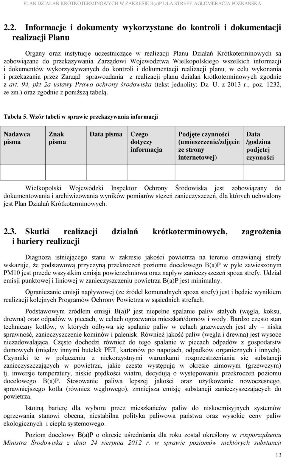 realizacji planu działań krótkoterminowych zgodnie z art. 94, pkt 2a ustawy Prawo ochrony środowiska (tekst jednolity: Dz. U. z 2013 r., poz. 1232, ze zm.) oraz zgodnie z poniższą tabelą. Tabela 5.