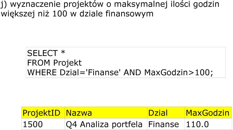 Projekt WHERE Dzial='Finanse' AND MaxGodzin>100;