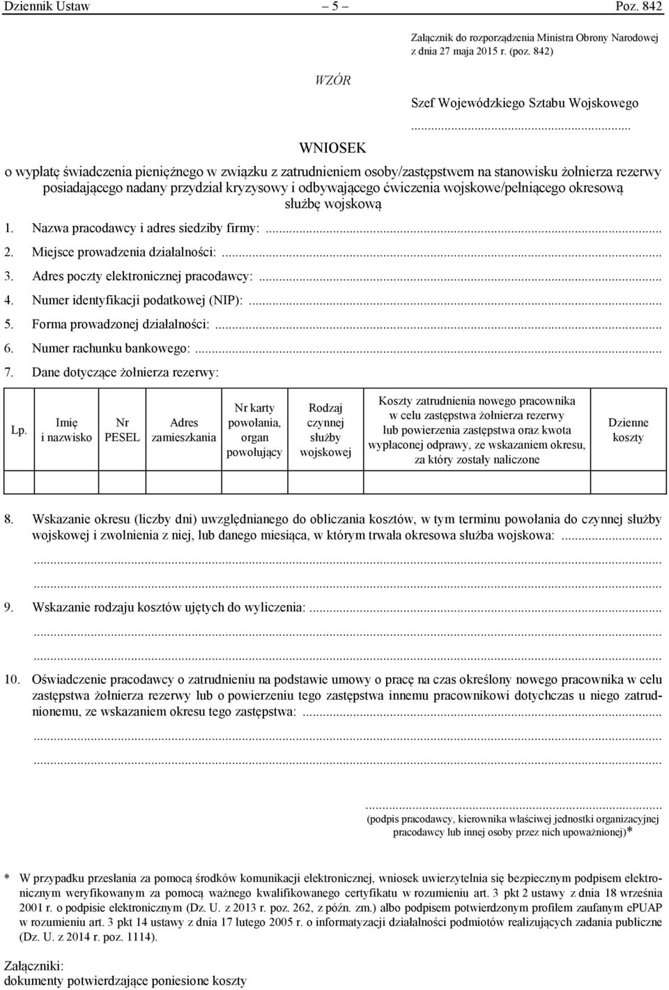 okresową służbę wojskową 1. Nazwa pracodawcy i adres siedziby firmy:... 2. Miejsce prowadzenia działalności:... 3. Adres poczty elektronicznej pracodawcy:... 4. Numer identyfikacji podatkowej (NIP):.