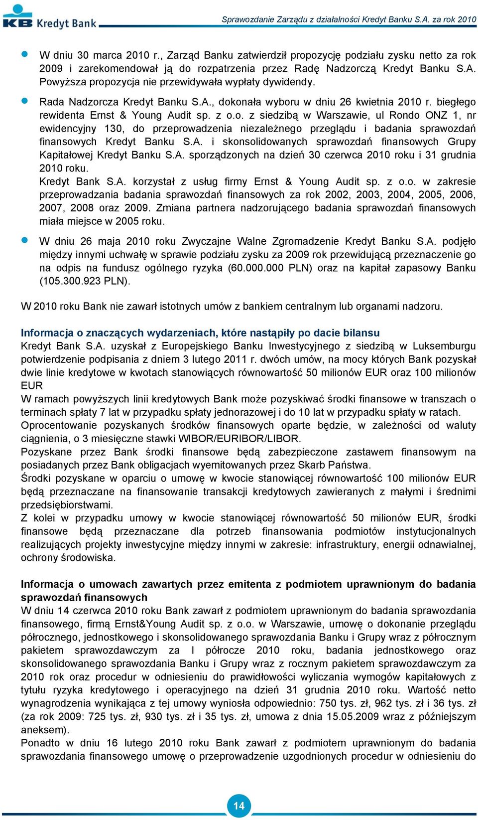 A. i skonsolidowanych sprawozdań finansowych Grupy Kapitałowej Kredyt Banku S.A. sporządzonych na dzień 30 czerwca 2010 roku i 31 grudnia 2010 roku. Kredyt Bank S.A. korzystał z usług firmy Ernst & Young Audit sp.