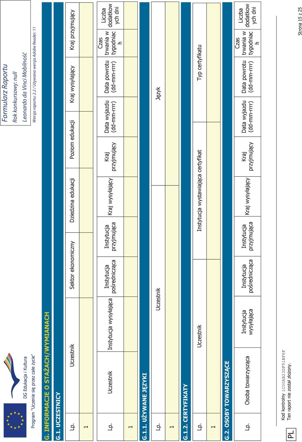 dodatkow ych dni 1 G.1.1. UŻYWANE JĘZYKI Lp. Uczestnik Język 1 G.1.2. CERTYFIKATY Lp. Uczestnik Instytucja wystawiająca certyfikat Typ certyfikatu 1 G.2. OSOBY TOWARZYSZĄCE Lp.