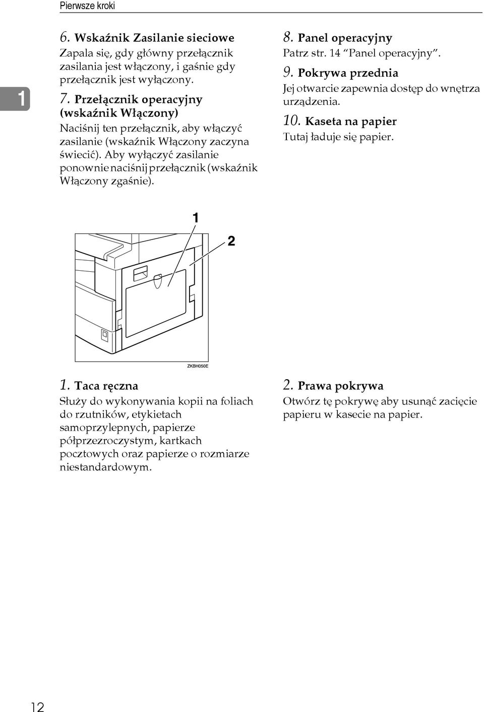 Aby wyâàczyæ zasilanie ponownie naciãnij przeâàcznik (wskaänik Wâàczony zgaãnie). 8. Panel operacyjny Patrz str. 14 Panel operacyjny. 9.