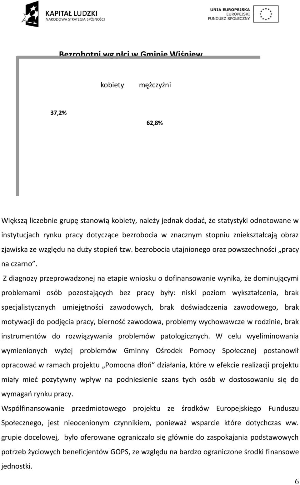 Z diagnozy przeprowadzonej na etapie wniosku o dofinansowanie wynika, że dominującymi problemami osób pozostających bez pracy były: niski poziom wykształcenia, brak specjalistycznych umiejętności