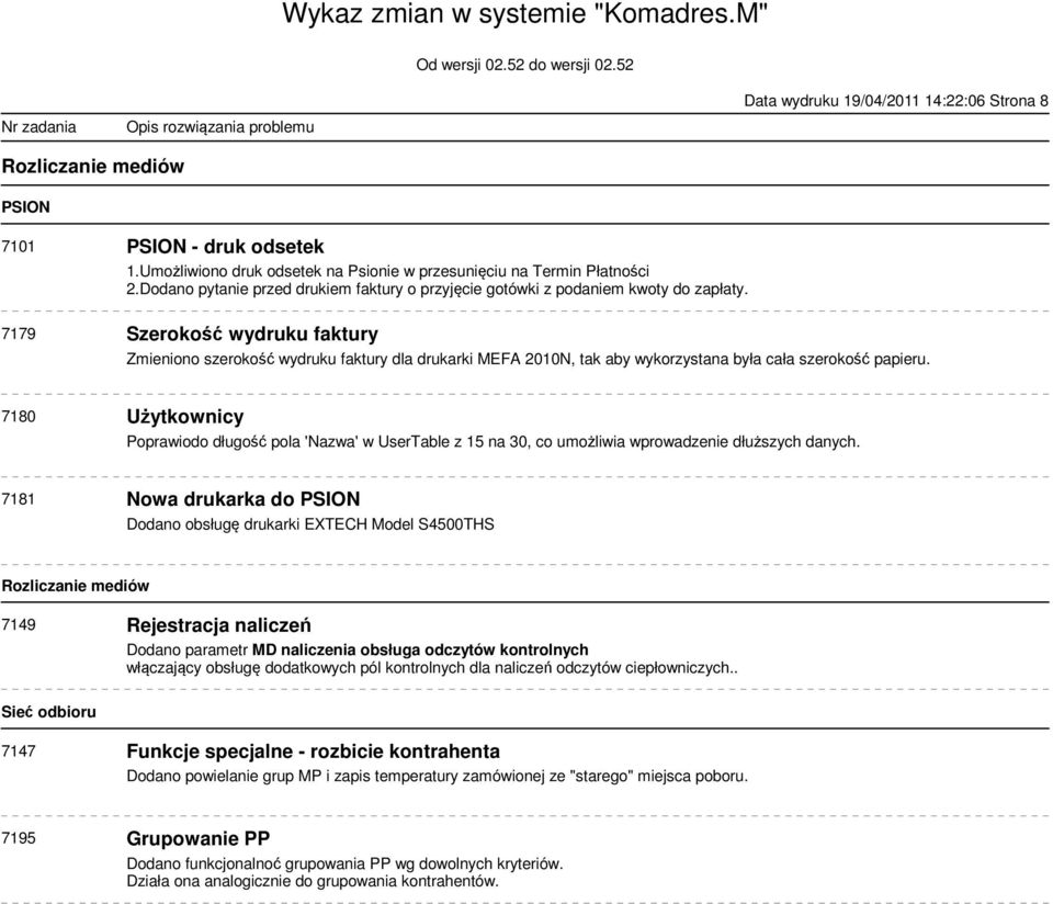 7179 Szerokość wydruku faktury Zmieniono szerokość wydruku faktury dla drukarki MEFA 2010N, tak aby wykorzystana była cała szerokość papieru.