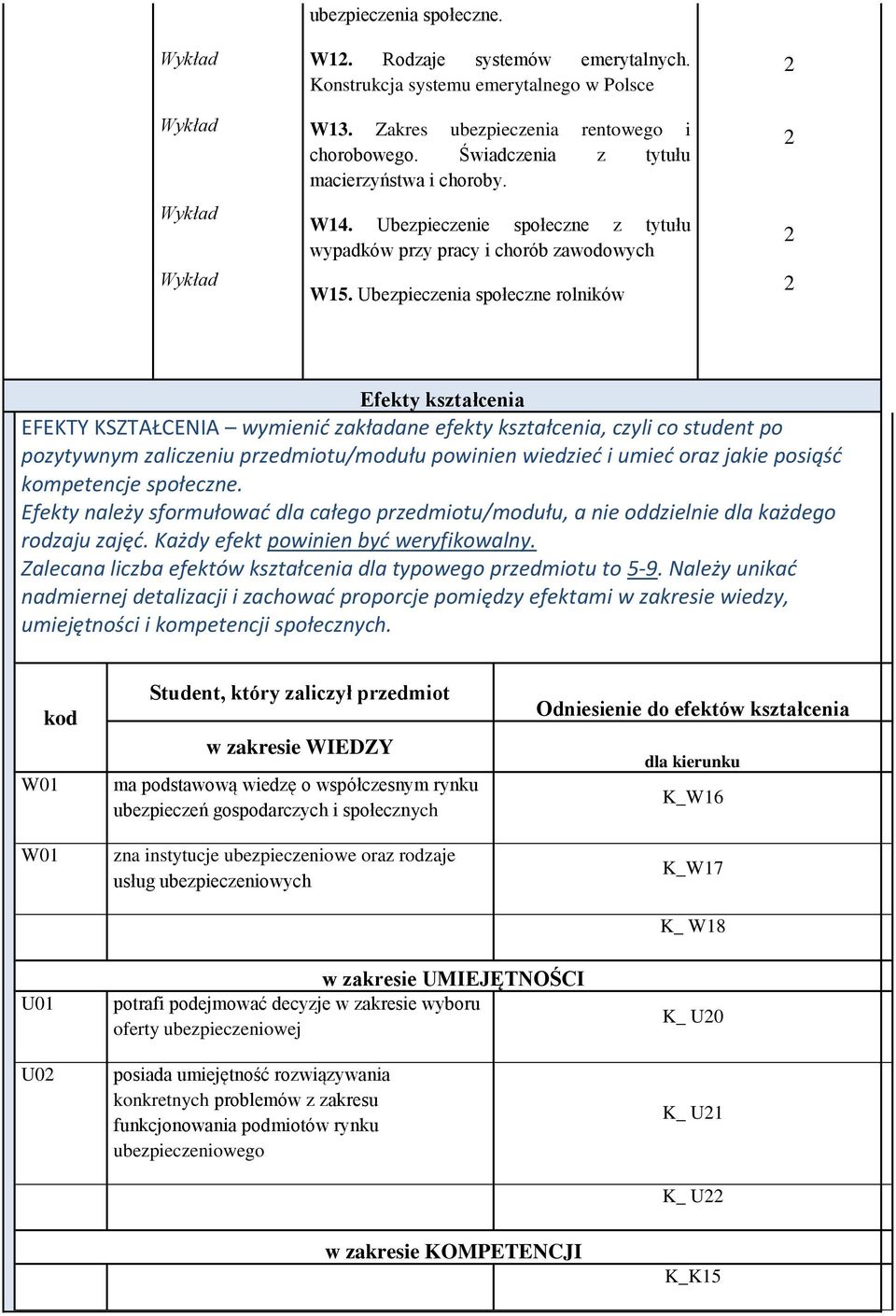 Ubezpieczenia społeczne rolników Efekty kształcenia EFEKTY KSZTAŁCENIA wymienid zakładane efekty kształcenia, czyli co student po pozytywnym zaliczeniu przedmiotu/modułu powinien wiedzied i umied