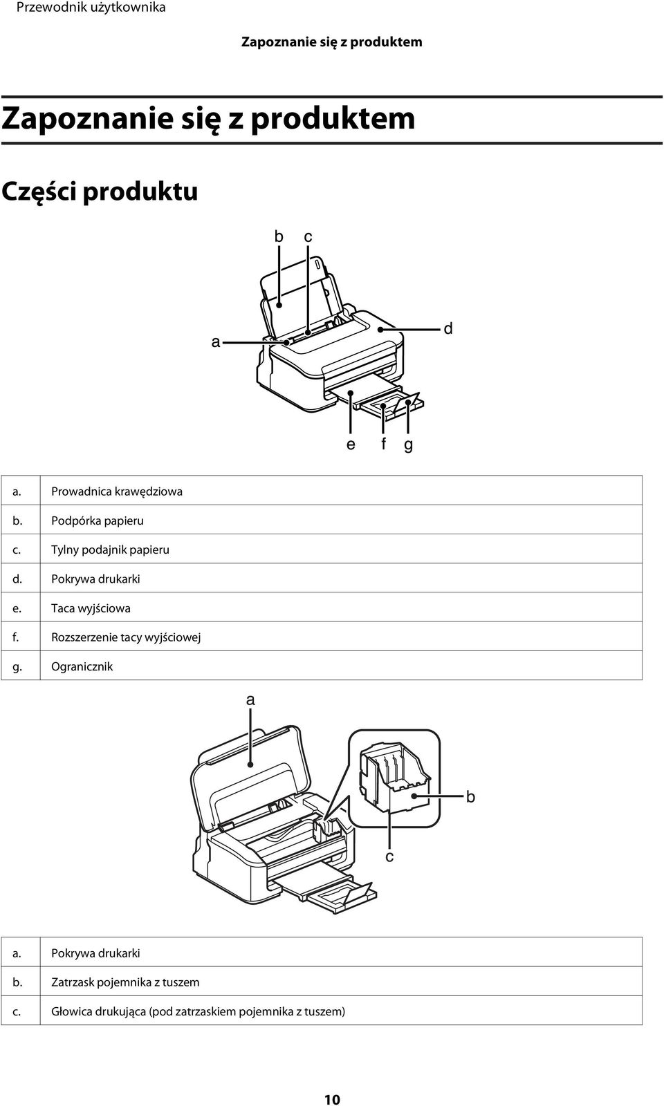 Pokrywa drukarki e. Taca wyjściowa f. Rozszerzenie tacy wyjściowej g. Ogranicznik a.