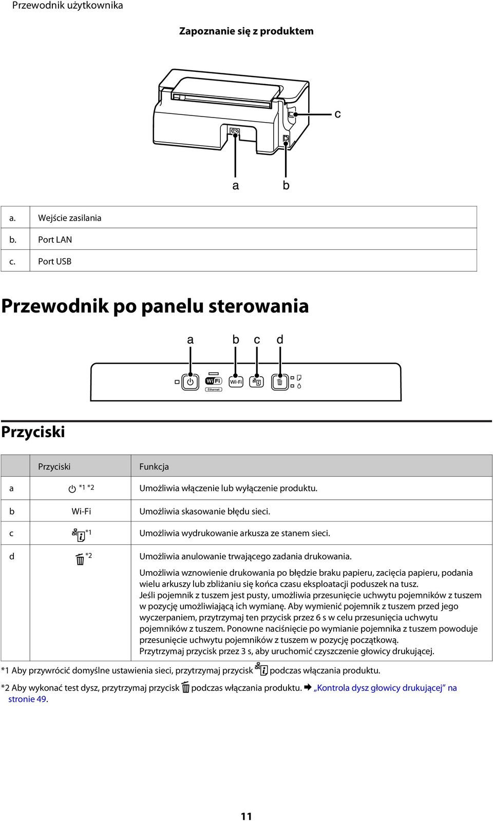 Umożliwia wznowienie drukowania po błędzie braku papieru, zacięcia papieru, podania wielu arkuszy lub zbliżaniu się końca czasu eksploatacji poduszek na tusz.