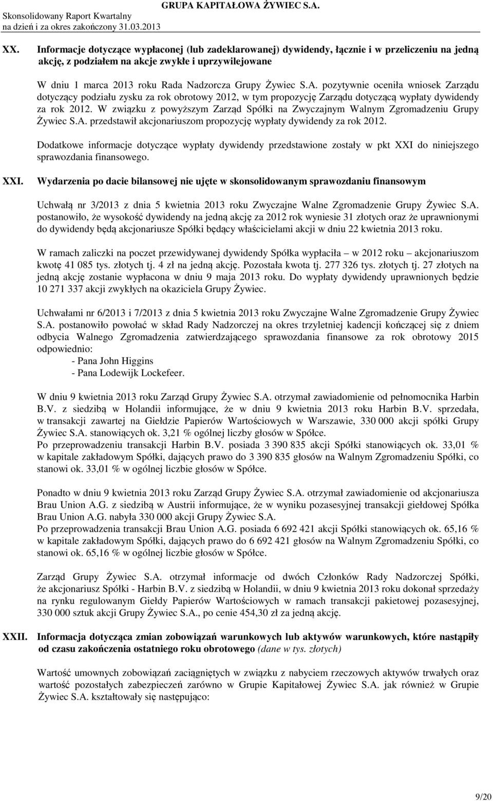 Żywiec S.A. pozytywnie oceniła wniosek Zarządu dotyczący podziału zysku za rok obrotowy 2012, w tym propozycję Zarządu dotyczącą wypłaty dywidendy za rok 2012.