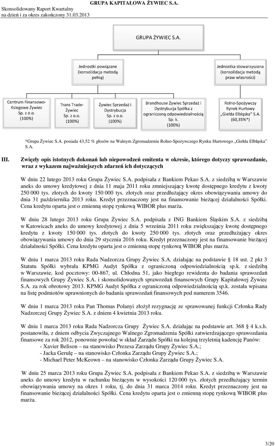 podpisała z Bankiem Pekao S.A. z siedzibą w Warszawie aneks do umowy kredytowej z dnia 11 maja 2011 roku zmniejszający kwotę dostępnego kredytu z kwoty 250 000 tys. złotych do kwoty 150 000 tys.