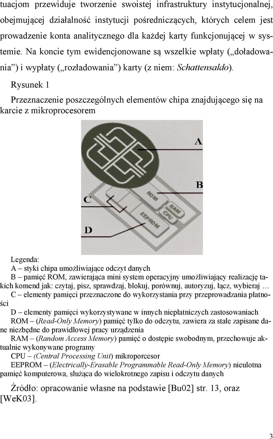 Rysunek 1 Przeznaczenie poszczególnych elementów chipa znajdującego się na karcie z mikroprocesorem Legenda: A styki chipa umożliwiające odczyt danych B pamięć ROM, zawierająca mini system operacyjny