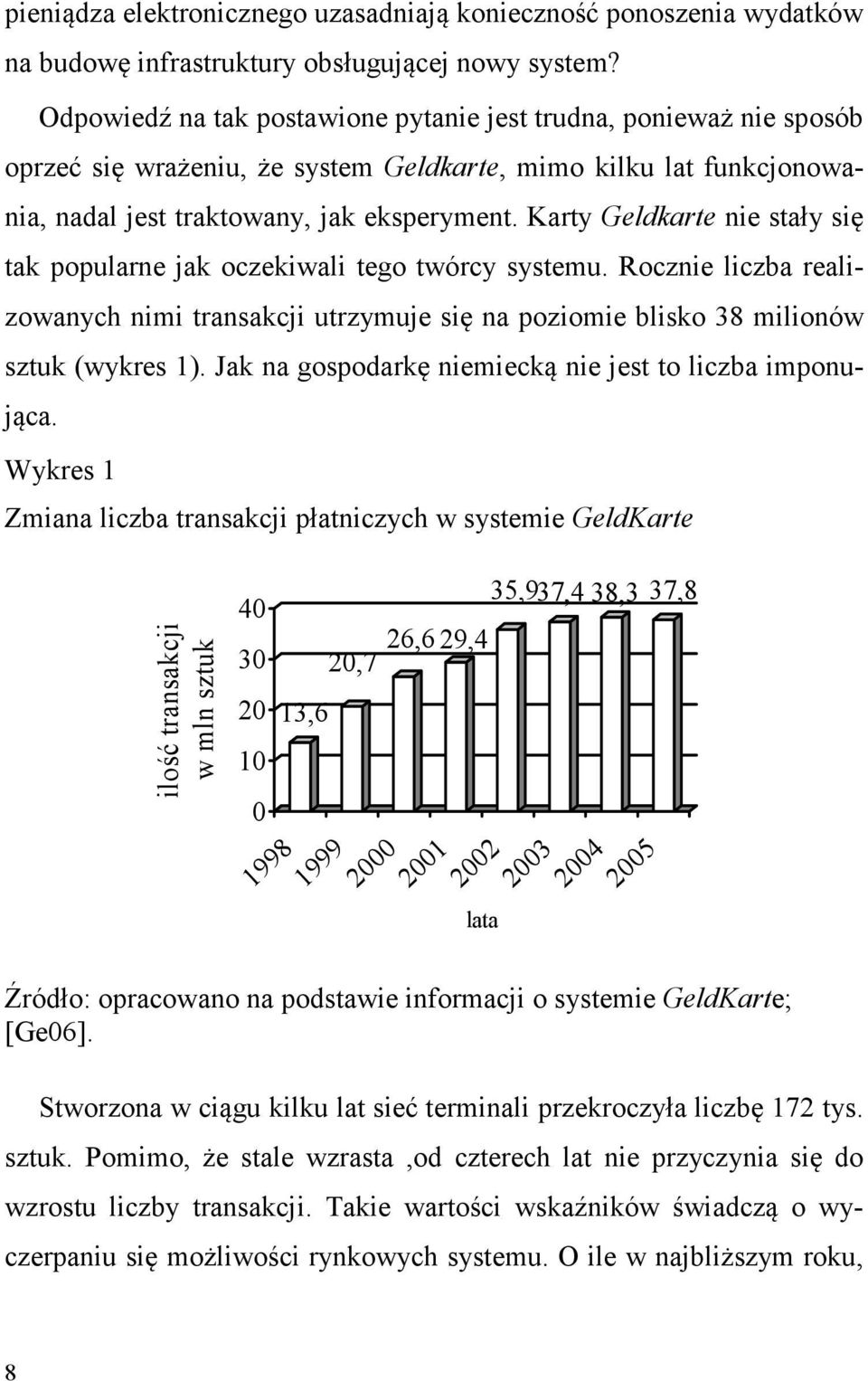 Karty Geldkarte nie stały się tak popularne jak oczekiwali tego twórcy systemu. Rocznie liczba realizowanych nimi transakcji utrzymuje się na poziomie blisko 38 milionów sztuk (wykres 1).