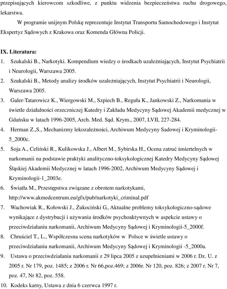 Kompendium wiedzy o środkach uzależniających, Instytut Psychiatrii i Neurologii, Warszawa 2005. 2. Szukalski B.