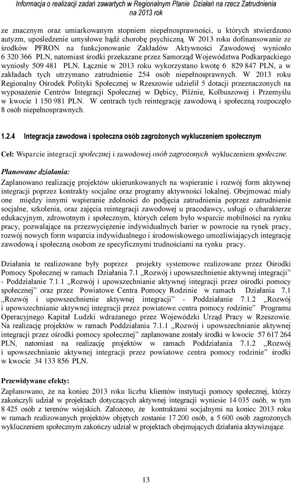 481 PLN. Łącznie w 2013 roku wykorzystano kwotę 6 829 847 PLN, a w zakładach tych utrzymano zatrudnienie 254 osób niepełnosprawnych.