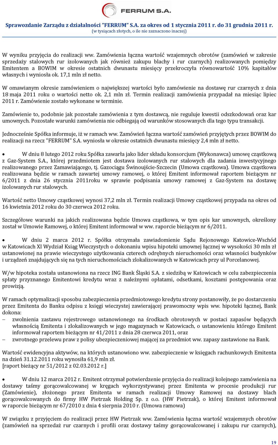 ostatnich dwunastu miesięcy przekroczyła równowartość 10% kapitałów własnych i wyniosła ok. 17,1 mln zł netto.