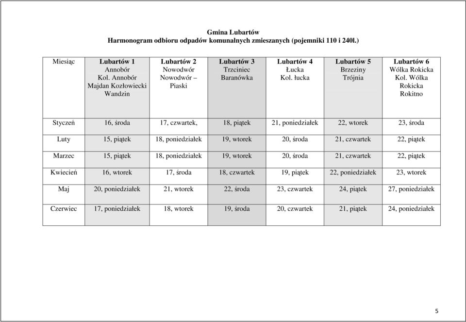 Wólka Rokicka Rokitno Styczeń 16, środa 17, czwartek, 18, piątek 21, poniedziałek 22, wtorek 23, środa Luty 15, piątek 18, poniedziałek 19, wtorek 20, środa 21, czwartek 22, piątek Marzec 15, piątek